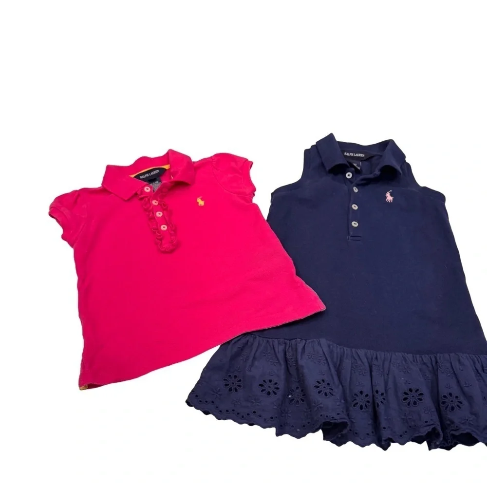Ralph Lauren Girls Sz 3T Navy Dress W/eyelet Hem & Pink Polo Shirt W/ruffles